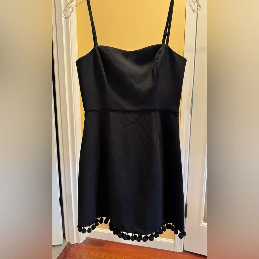 French Connection Black Mini Dress Pom Pom Hem Spaghetti Strap Size US 2